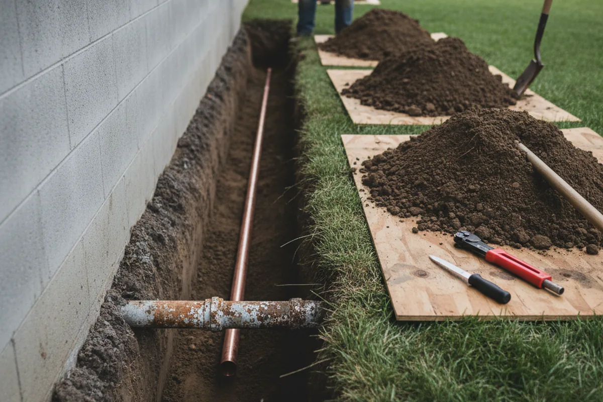 Excavated water line trench during Water Softener Installation in Bloomfield Hills
